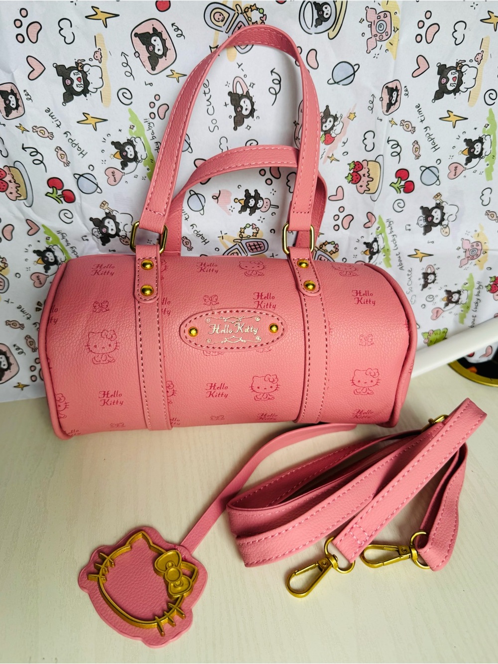 Hello Kitty Pink Barrel Mini Shoulder Bag with Gold Hardware